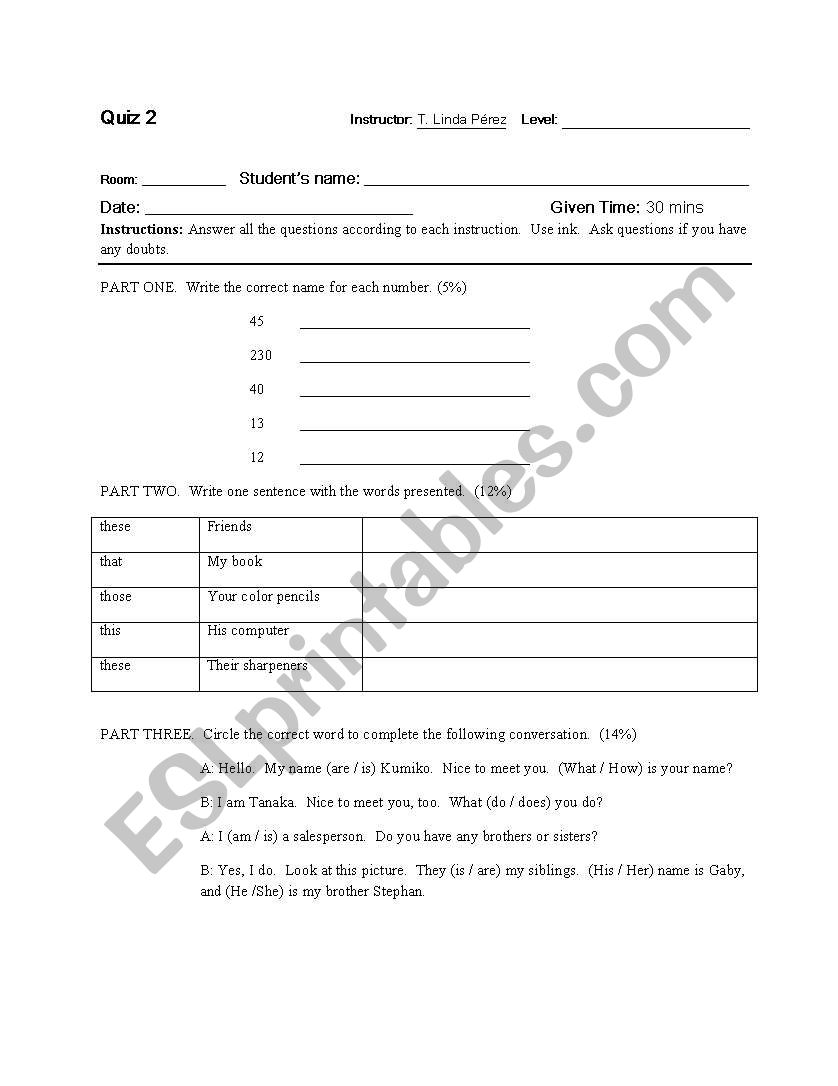 numbers determiners verb be worksheet