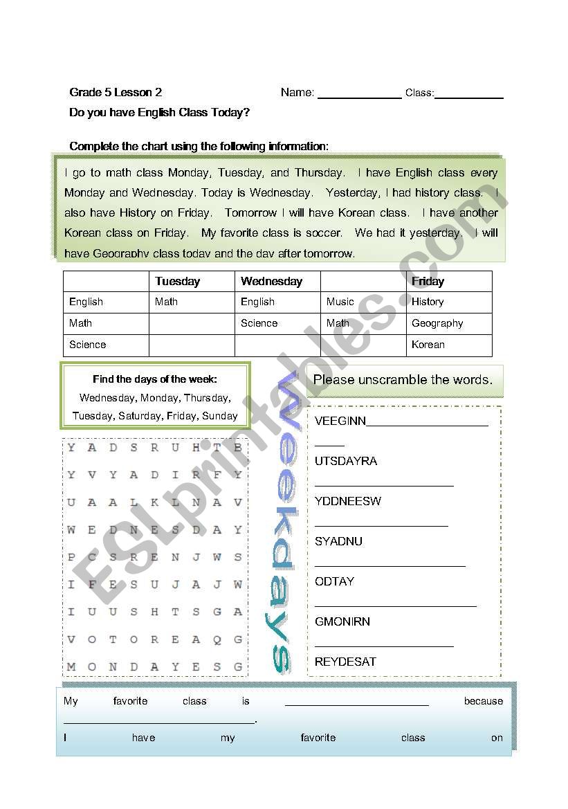 Weekly Schedule worksheet