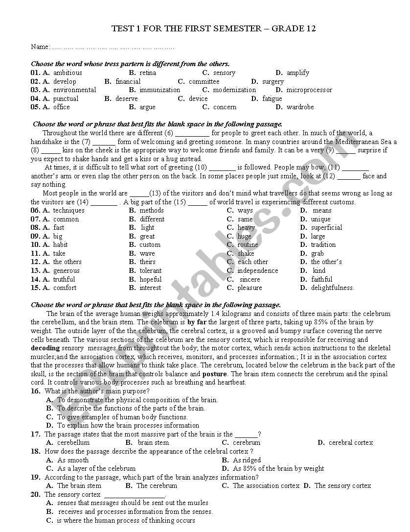test for 2nd semester grade 12