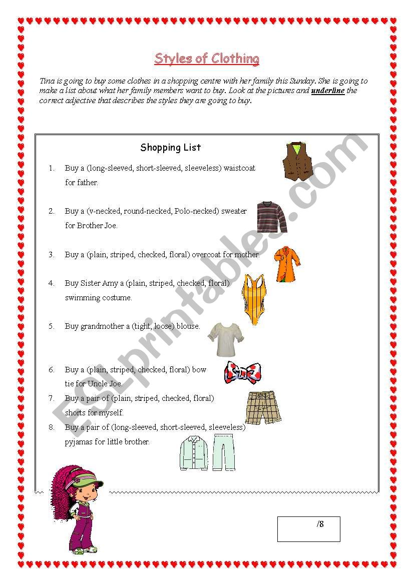 Styles of Clothing worksheet