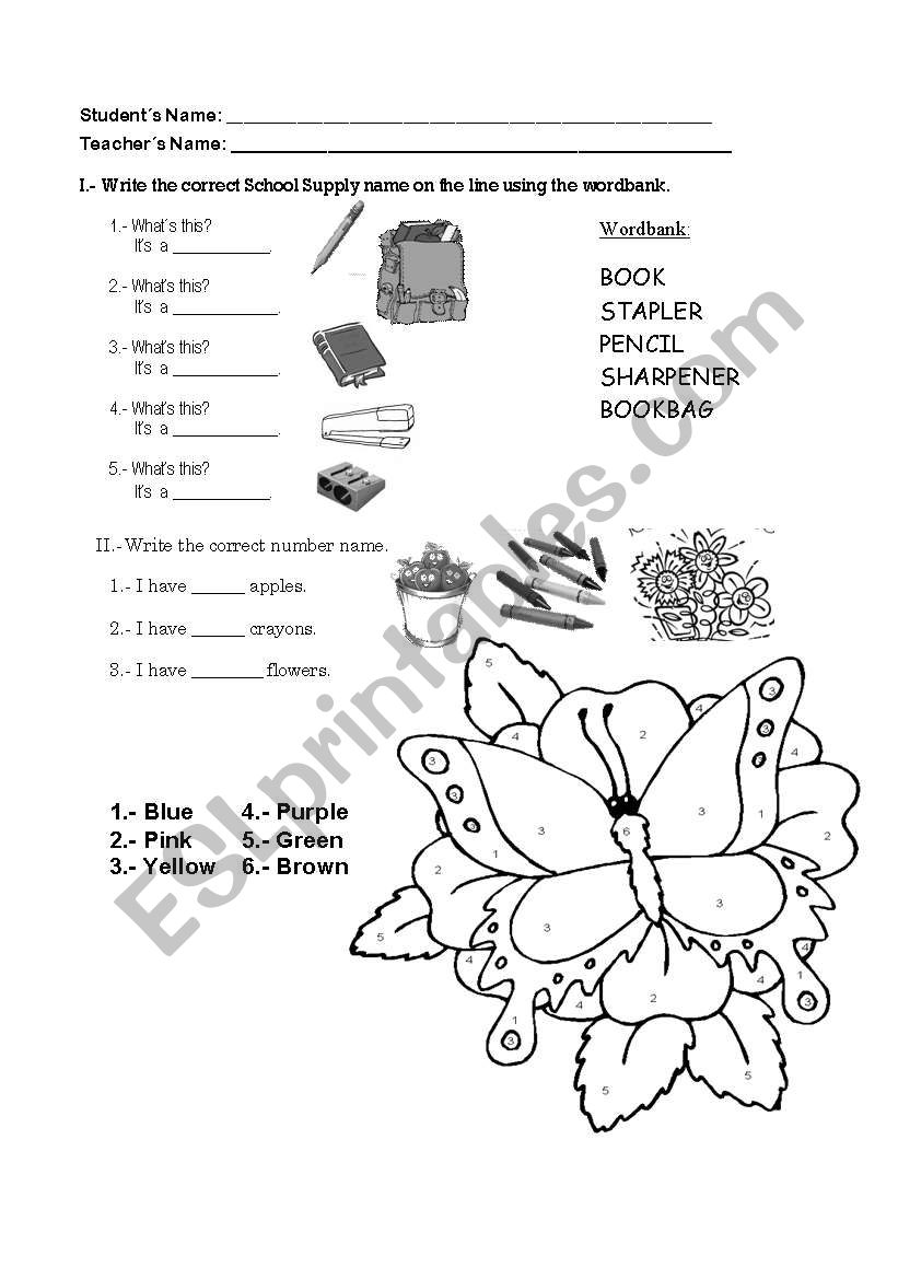 school items, colors worksheet