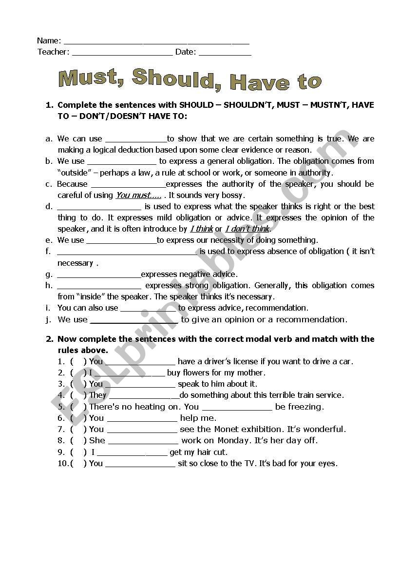 Must Should Or Have To Esl Worksheet By Baby V