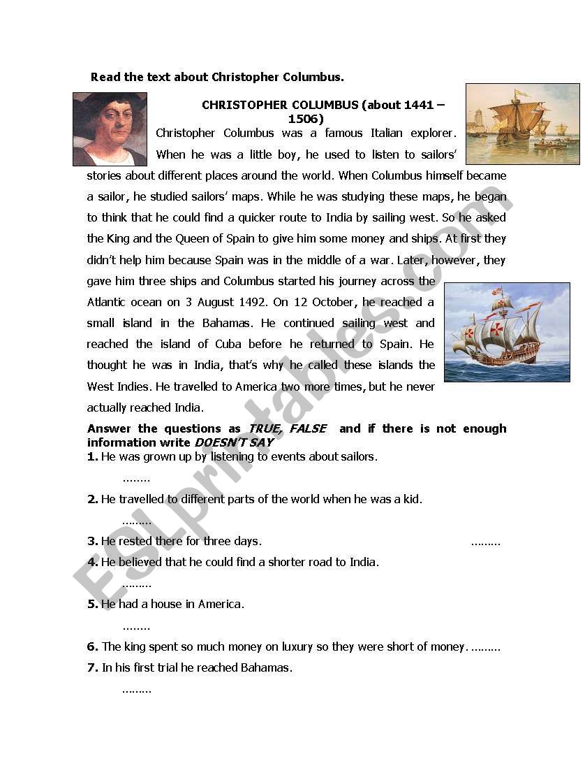 christopher colombus worksheet