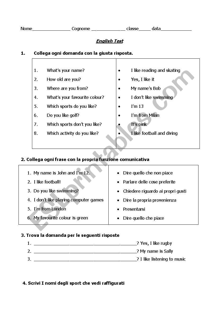 Sports and likes worksheet
