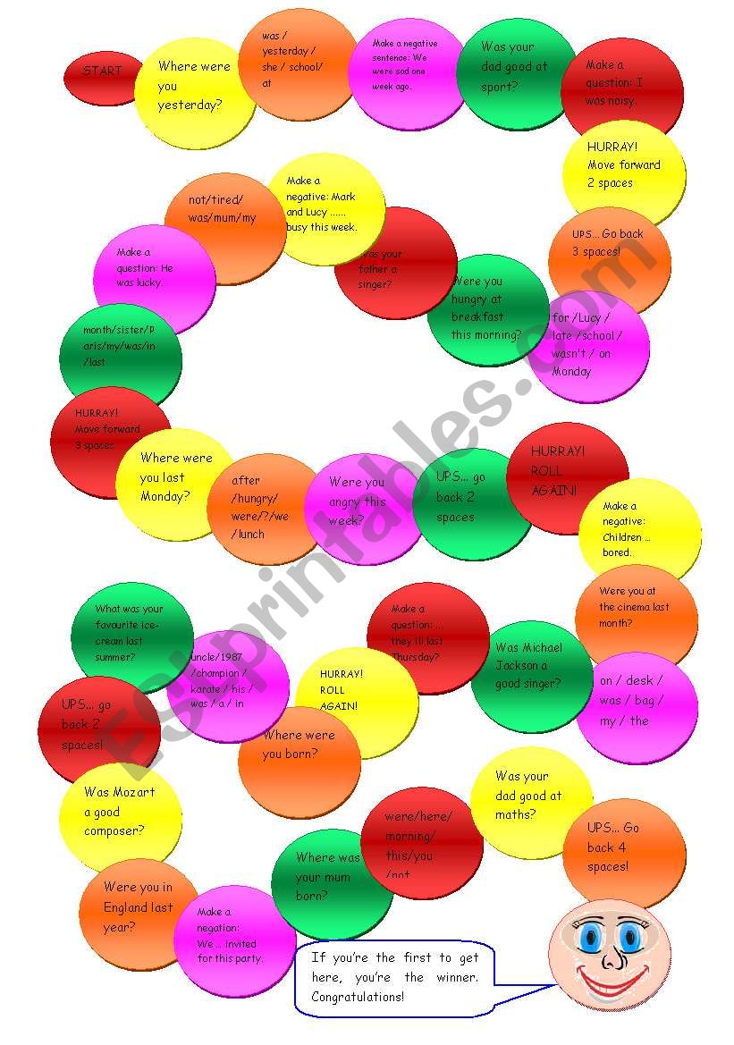 WAS AND WERE BOARD GAME worksheet