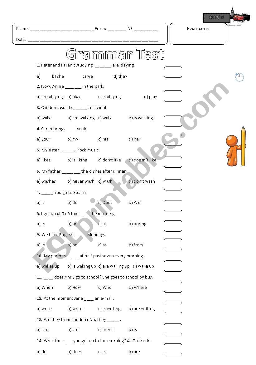 English Worksheets Grammar Test