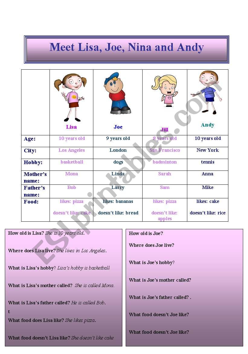 Meet Four Friends/ 2 pages worksheet