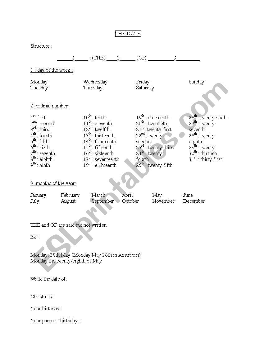 the date worksheet