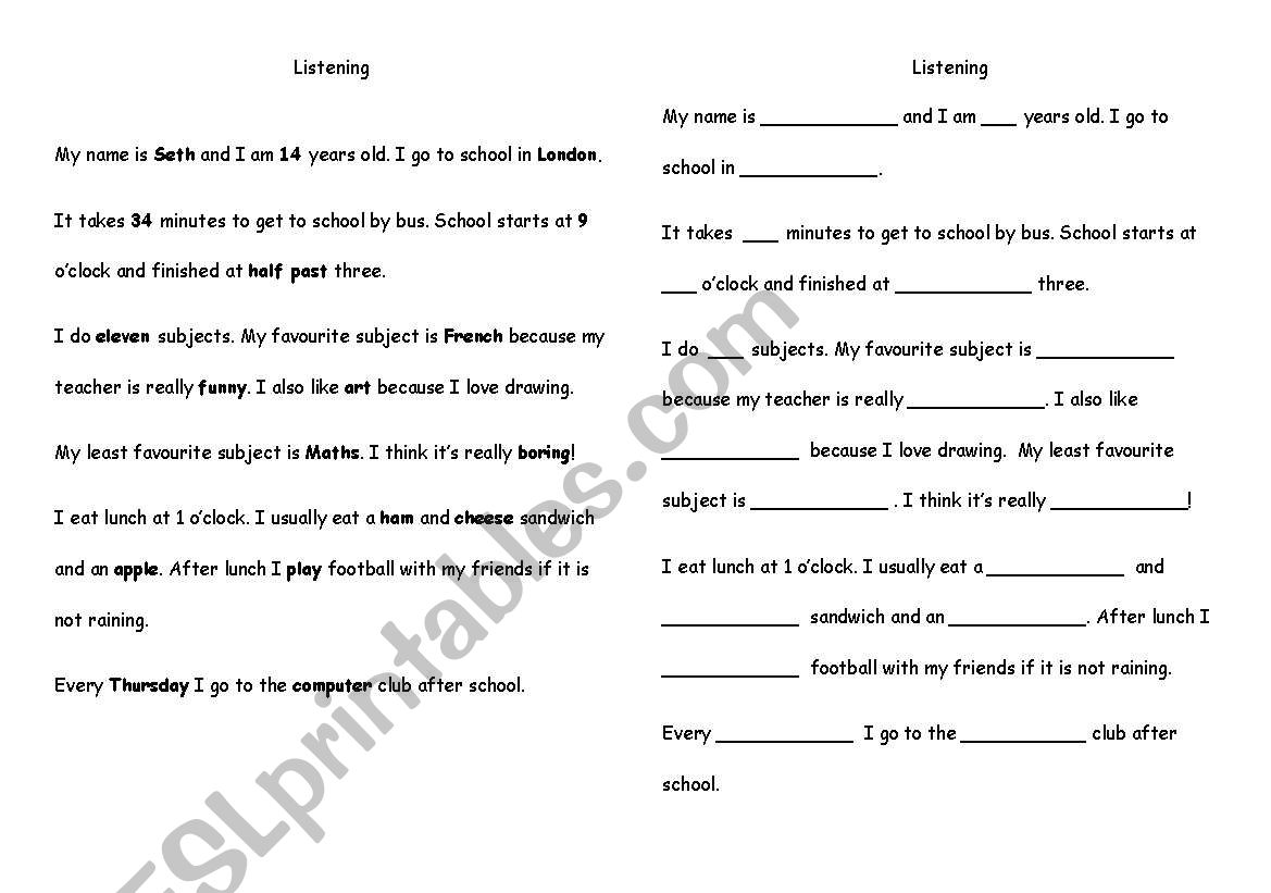 Listening :: School worksheet