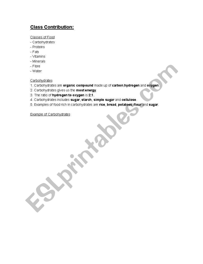 classes of food worksheet
