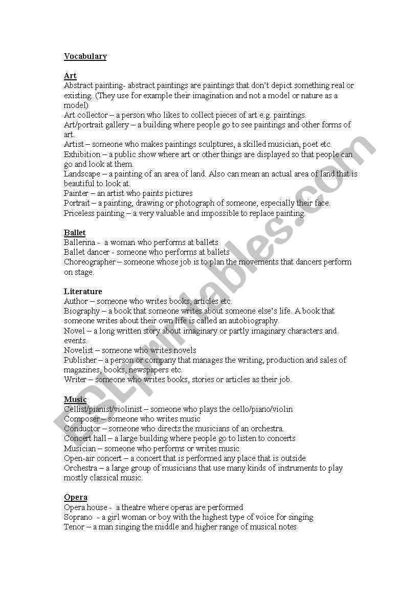 Arts, TV, and music useful vocabulary