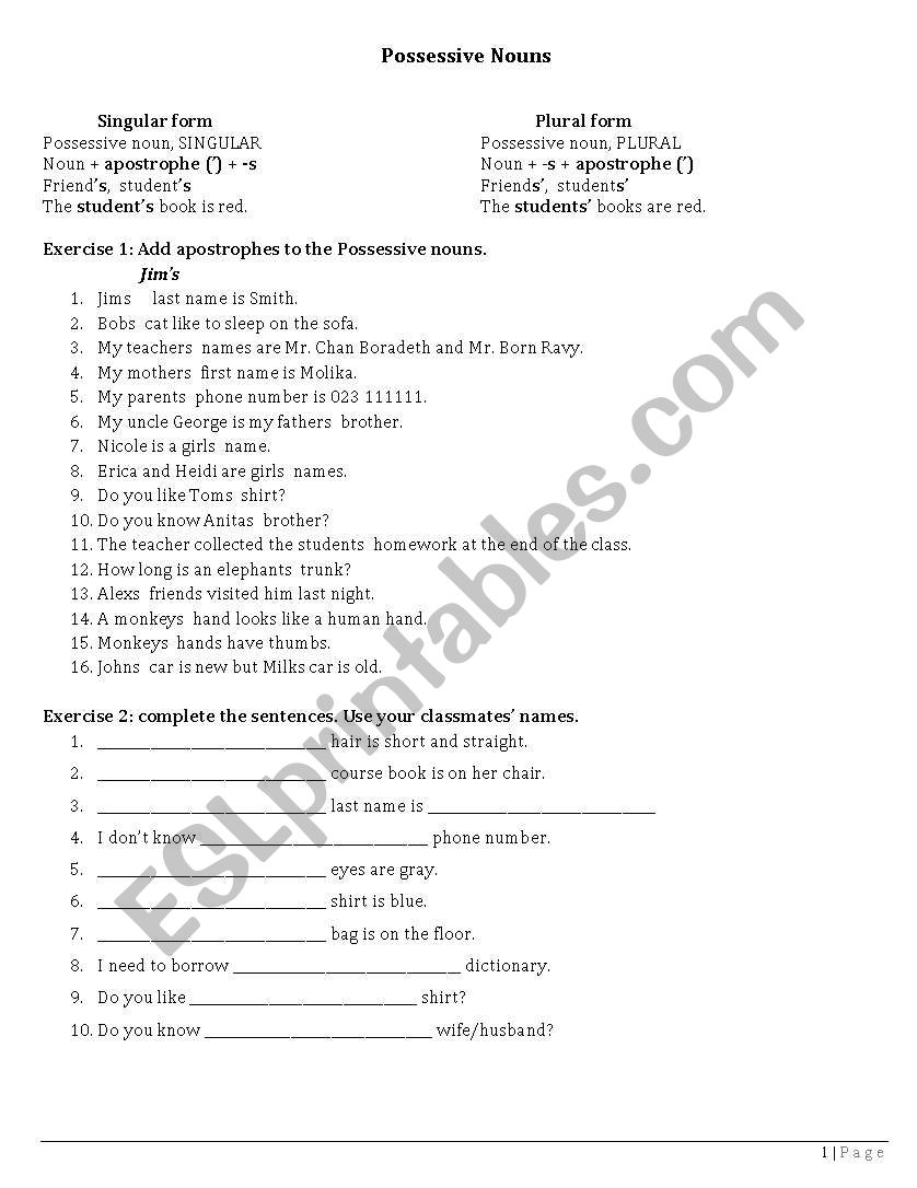 Possessive nouns worksheet