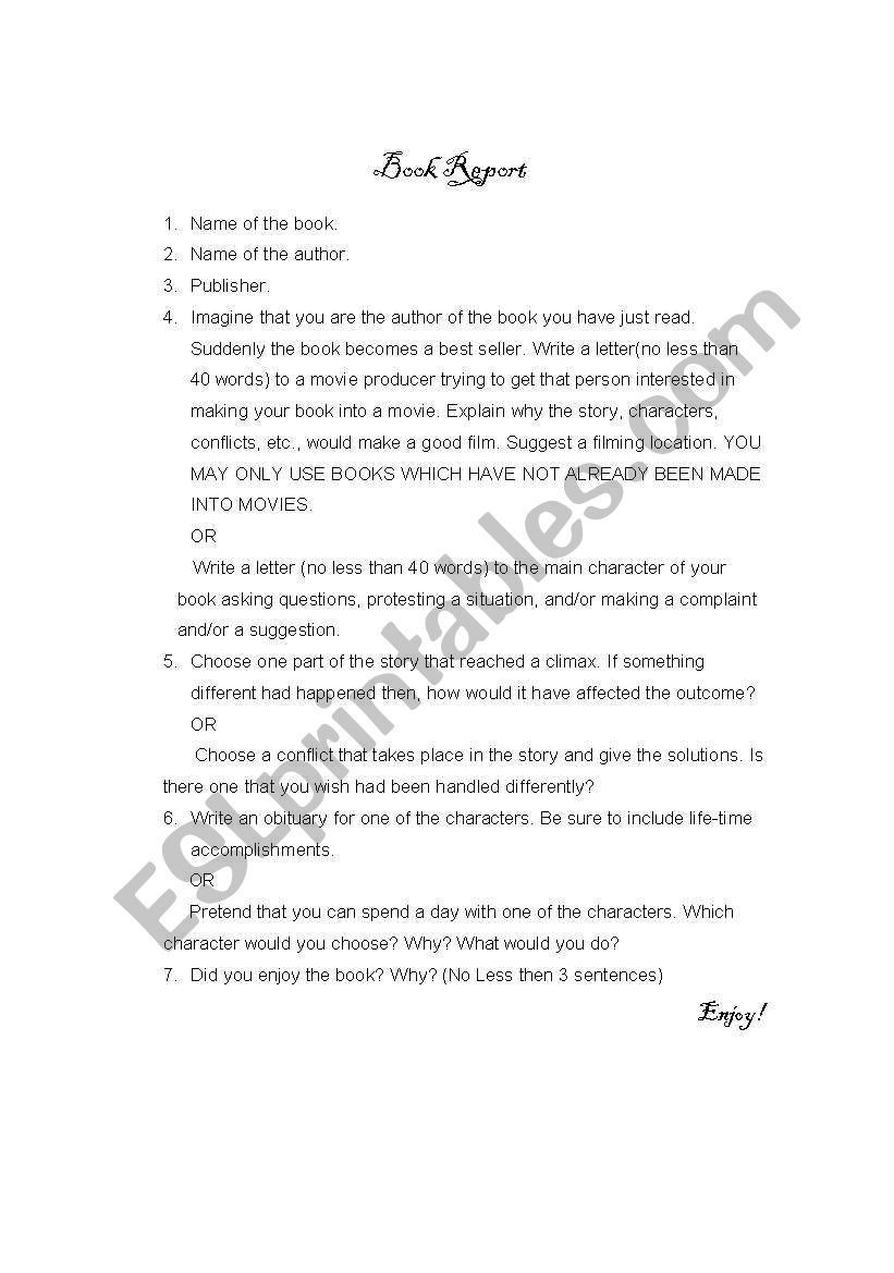 book report worksheet