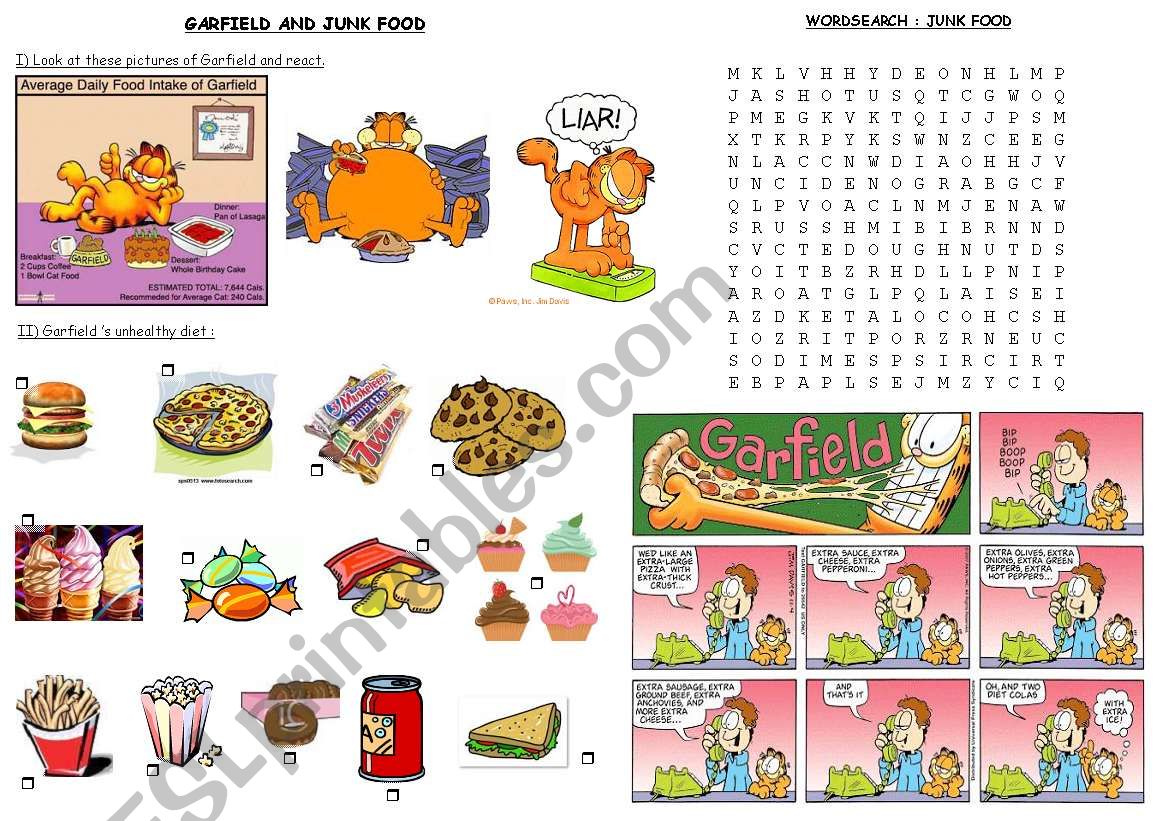 garfield and junk food worksheet