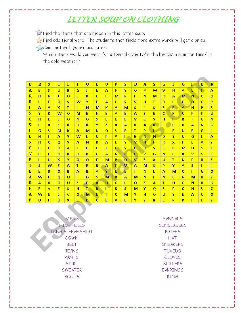 Letter Soup on Clothing worksheet