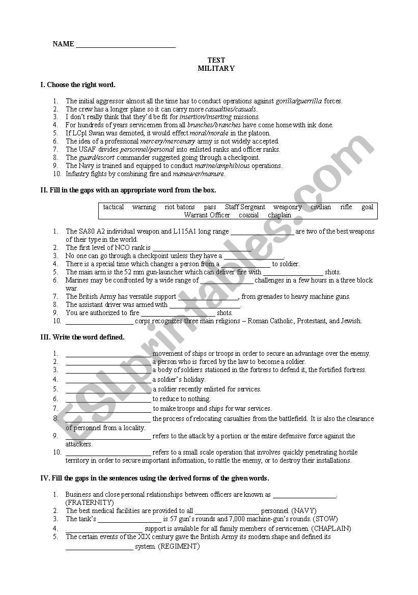 Test in Military Vocabulary worksheet