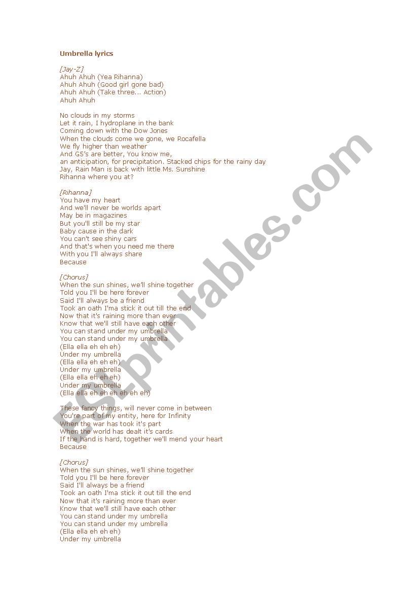 rihanna-umbrella lyrics worksheet