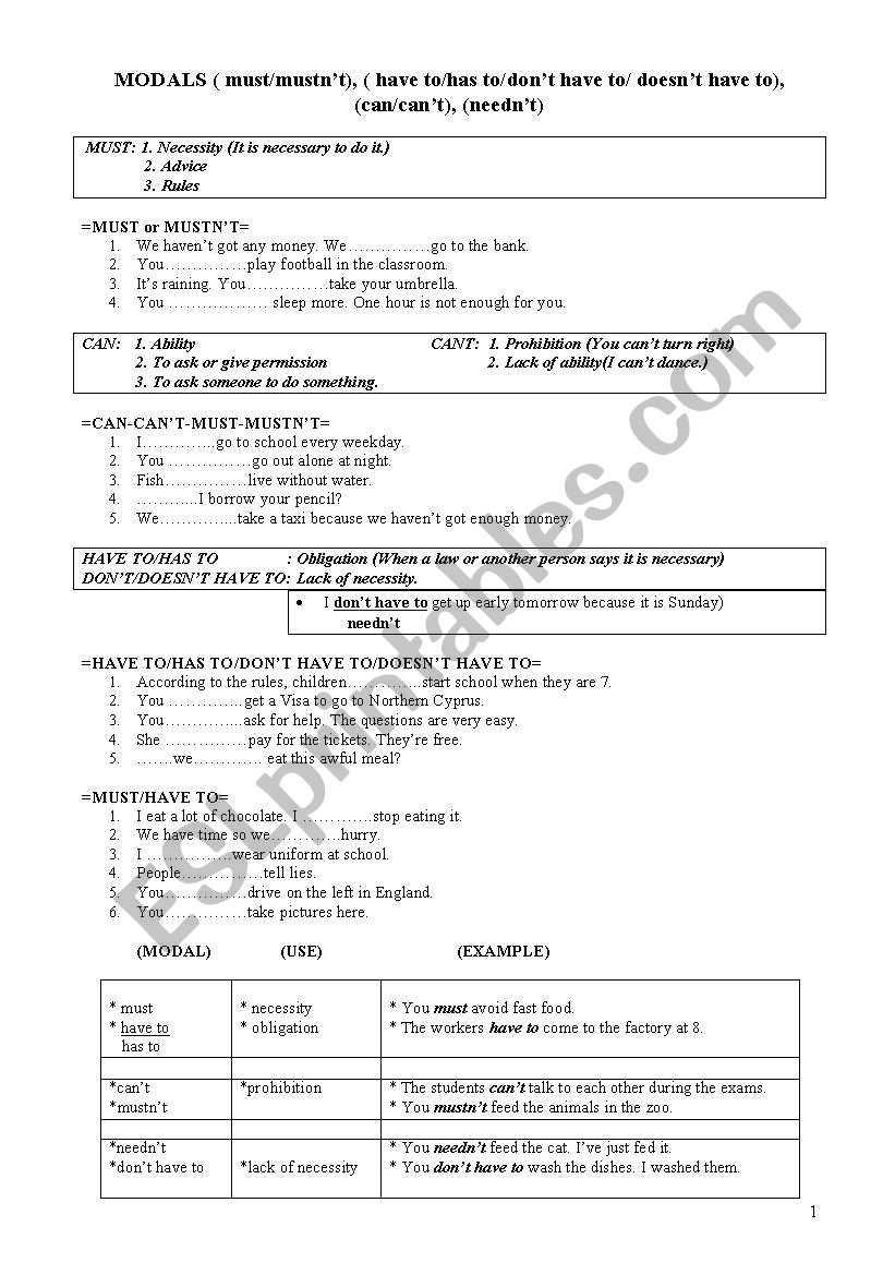 MODALS(must,can,have to) worksheet