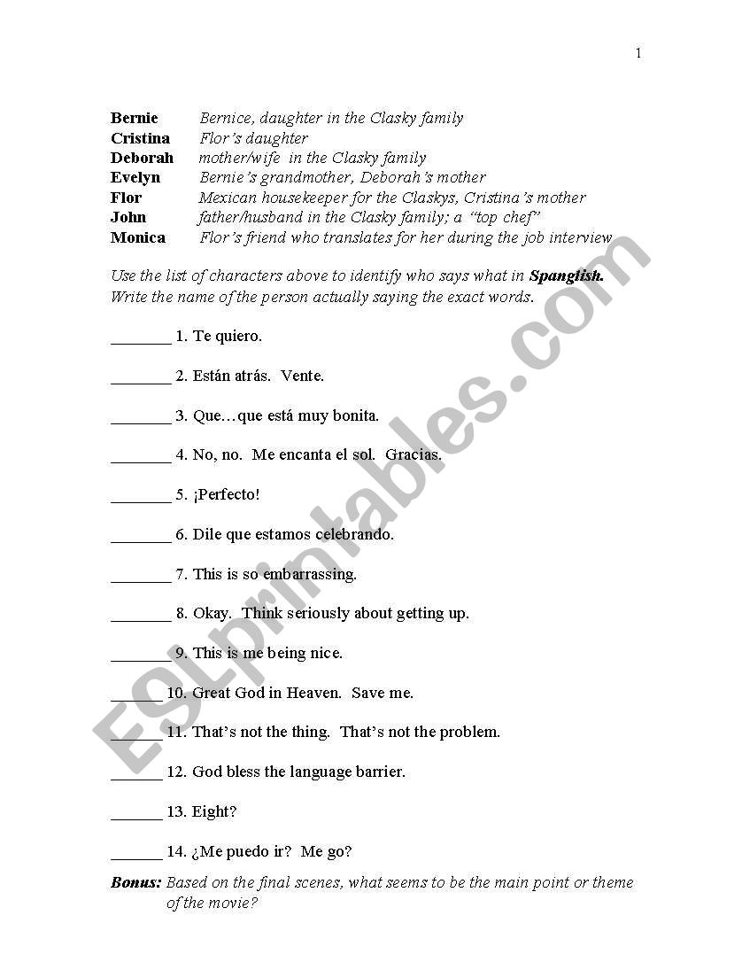 Spanglish quotes worksheet