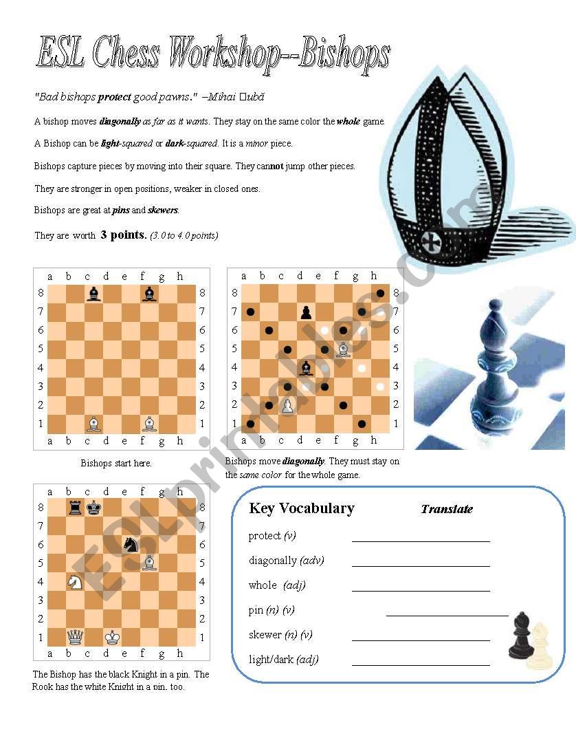 ESL Chess Workshop--Bishops, Rules, Quiz, Key
