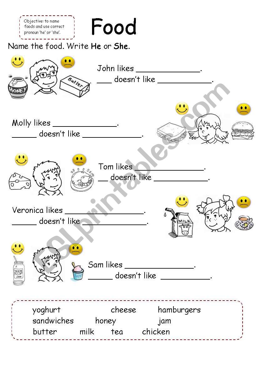 Food and Pronouns - He/She worksheet