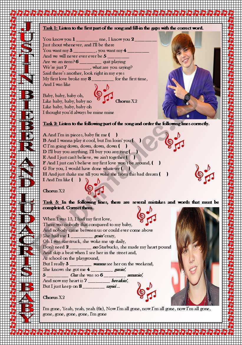 Song Activity: JUSTIN BIEBER-BABY. KEY INCLUDED. FULLY EDITABLE