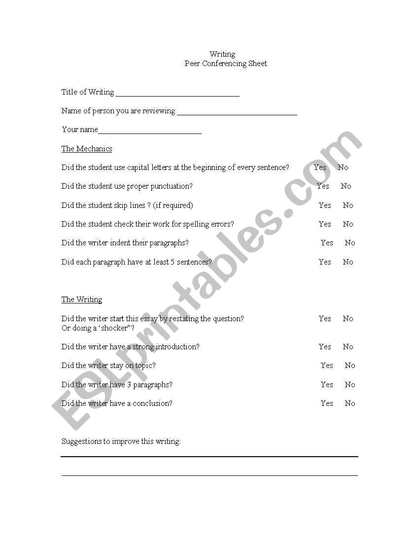 Peer Conferencing in Writing worksheet