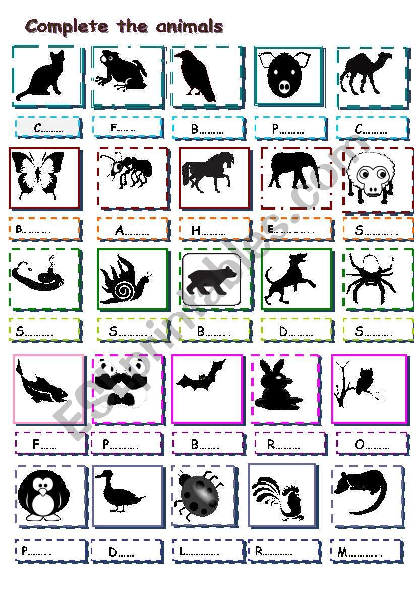 complete the animals worksheet