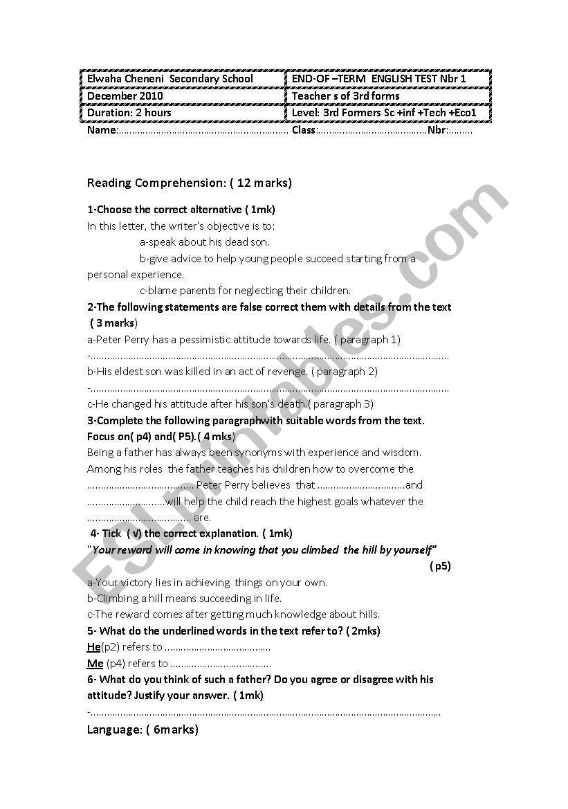 End of Term Test Nbr 1  worksheet