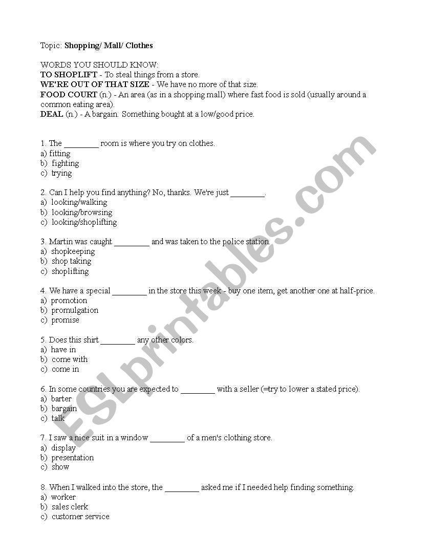 Shopping for Clothes worksheet