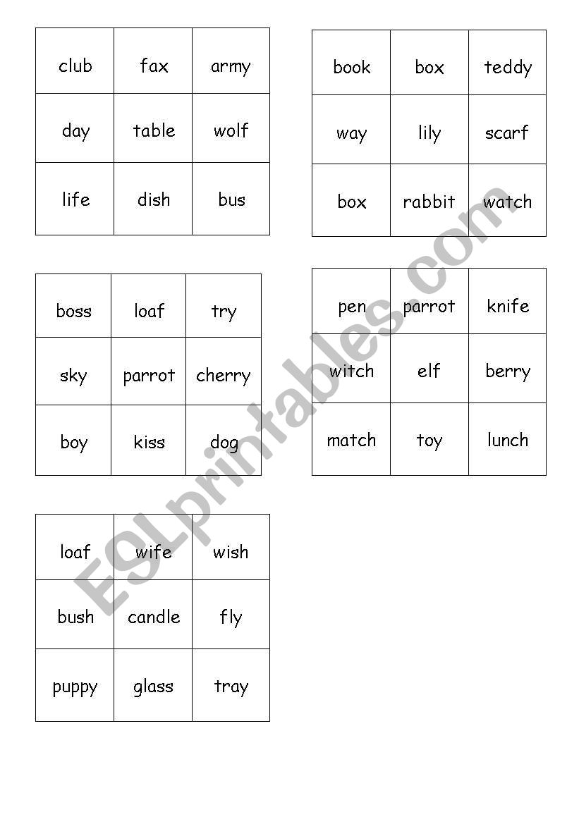 Plural nouns tic-tac-toe grids