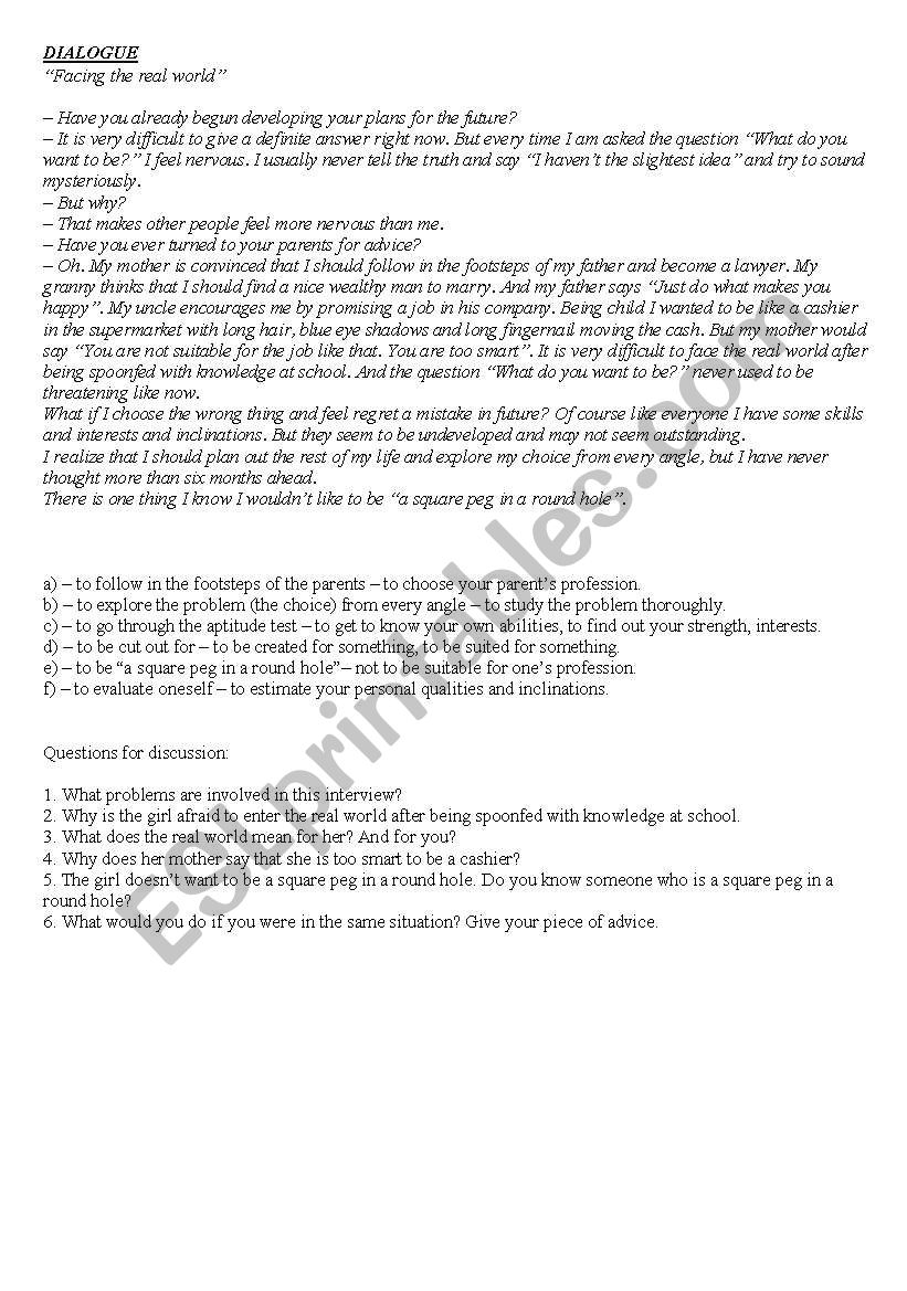 DiALOGUE, career choice worksheet