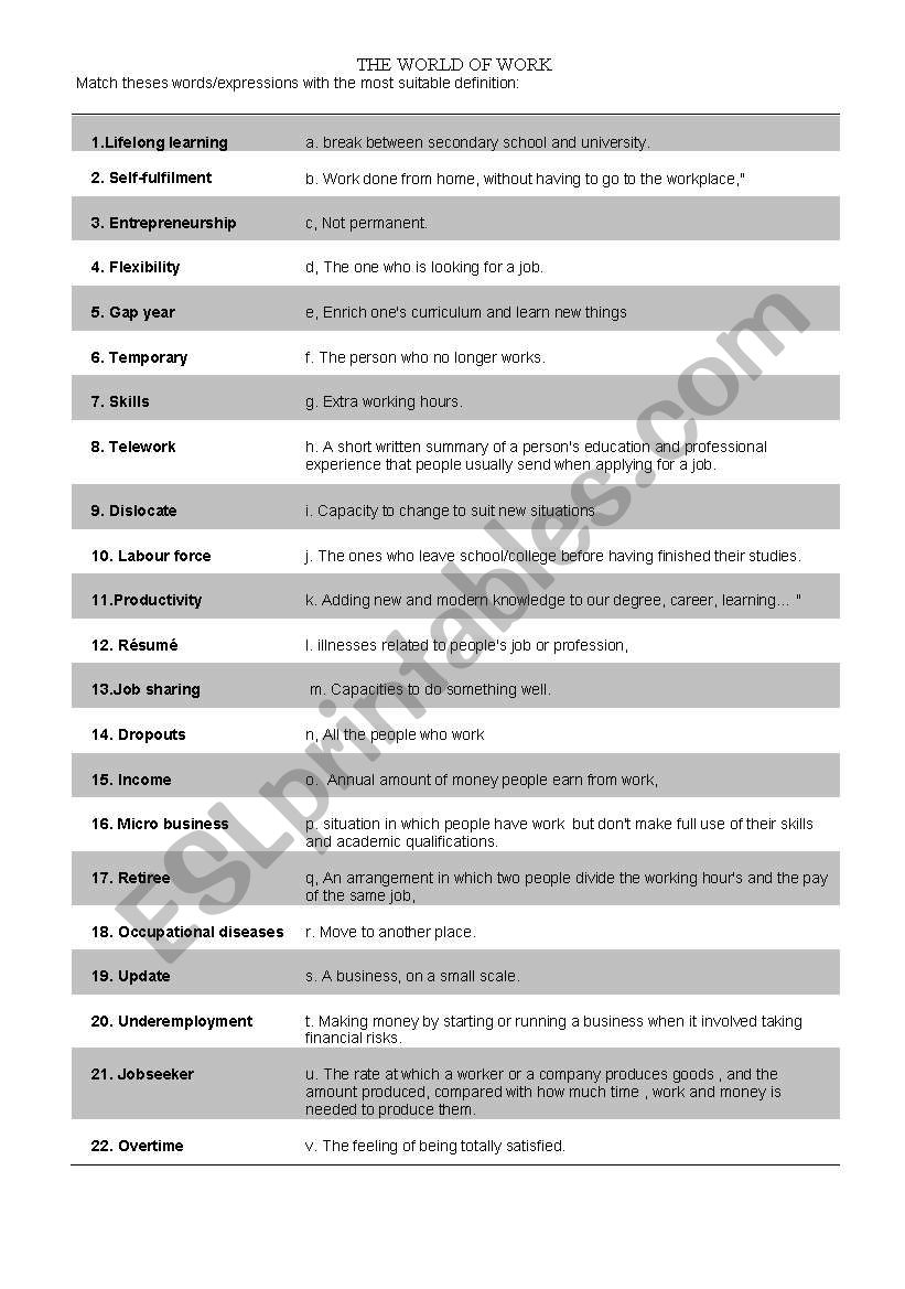 Vocabularymatching- The World of Work