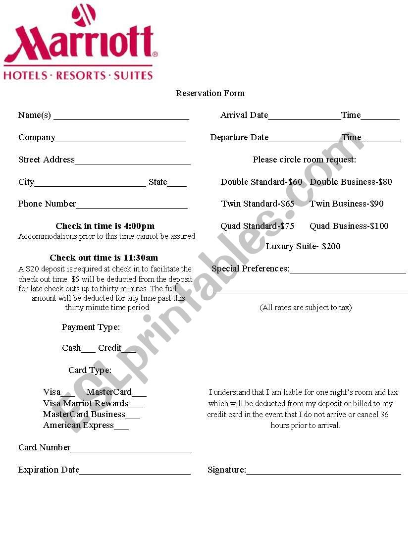 Hotel Reservation Form worksheet