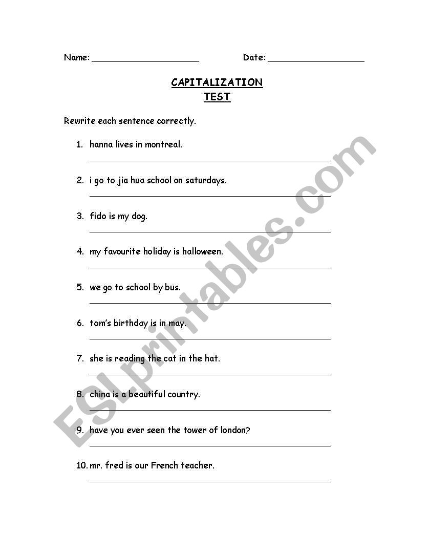 Capitalization Test worksheet