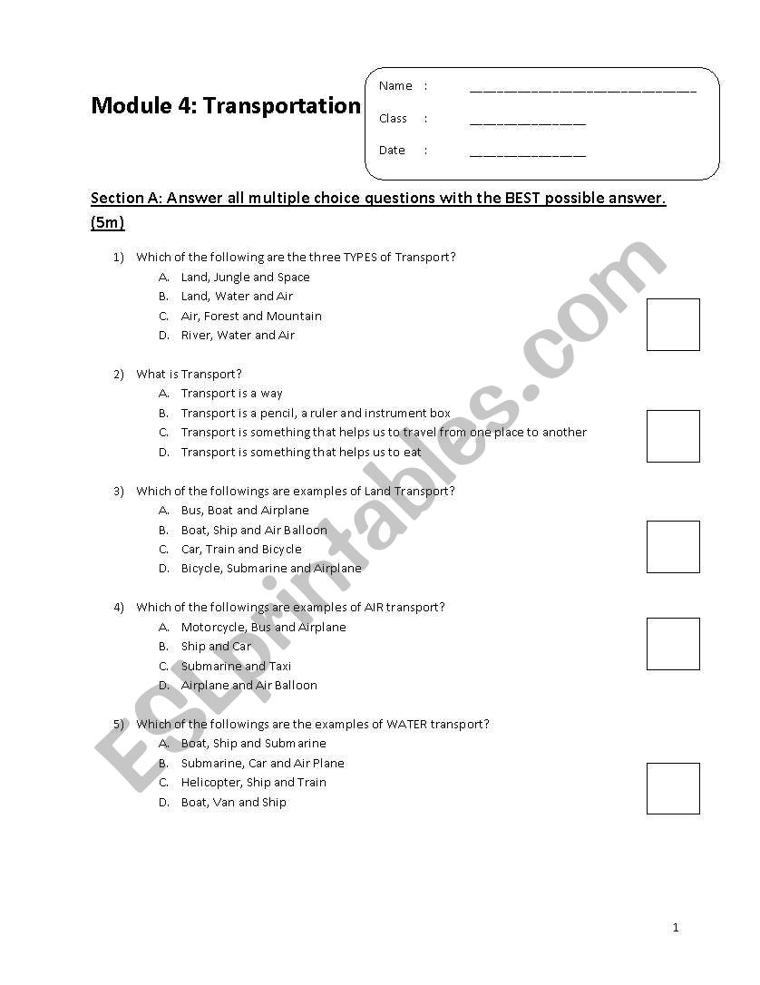 Assessment on Transportation worksheet