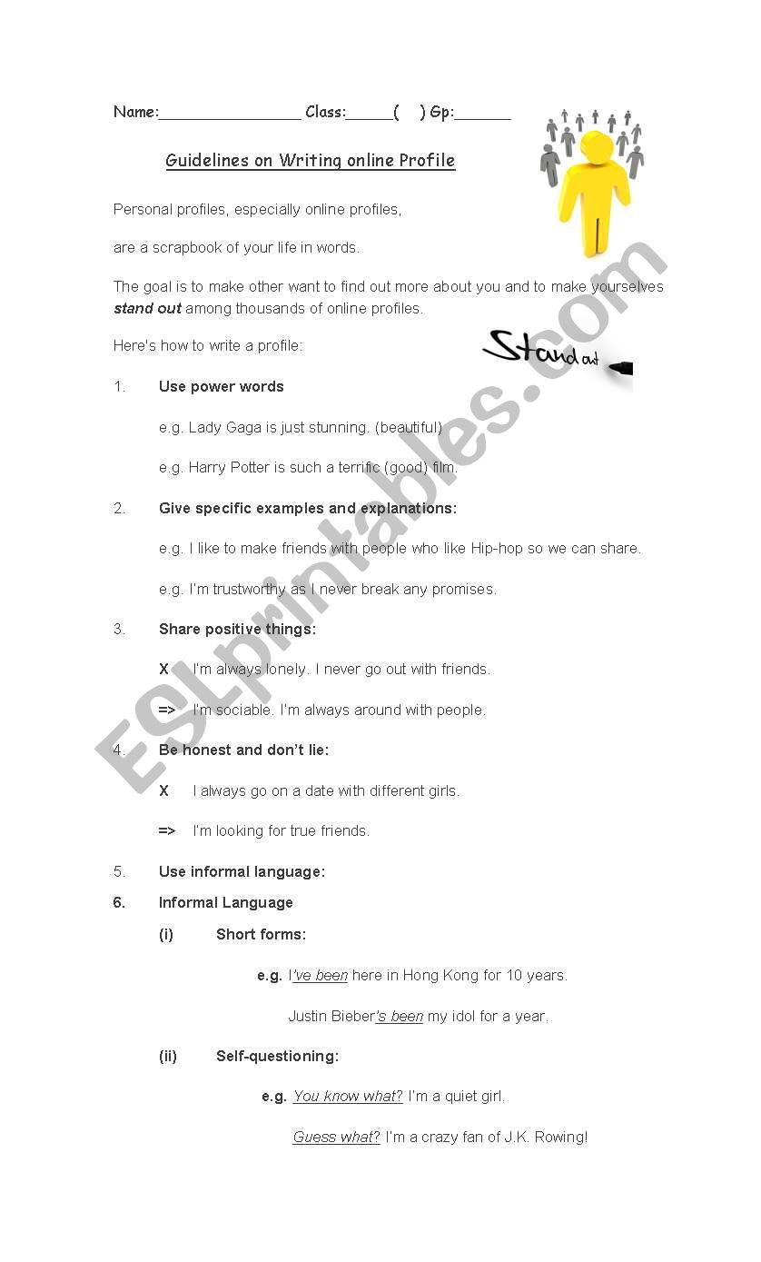 Writing an Online Profile worksheet