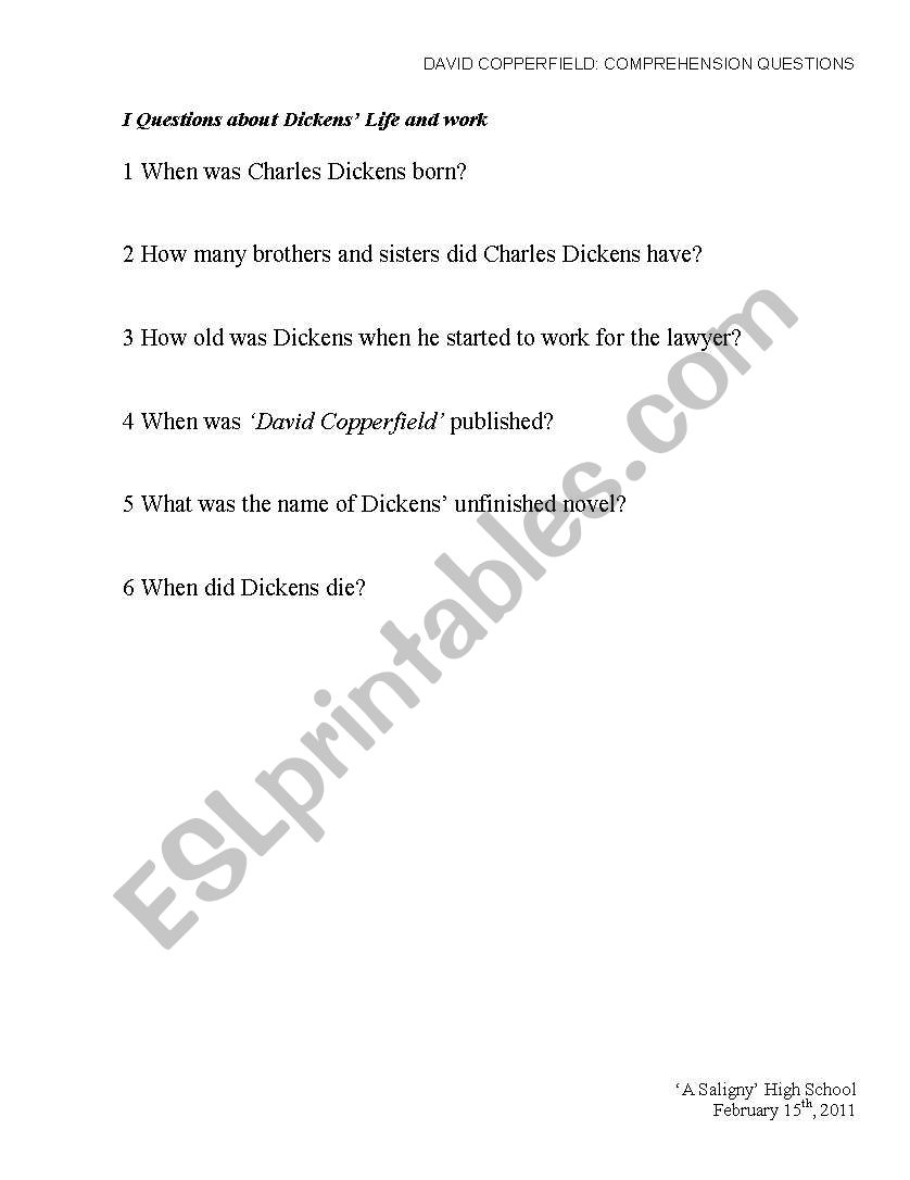 David Copperfield  worksheet