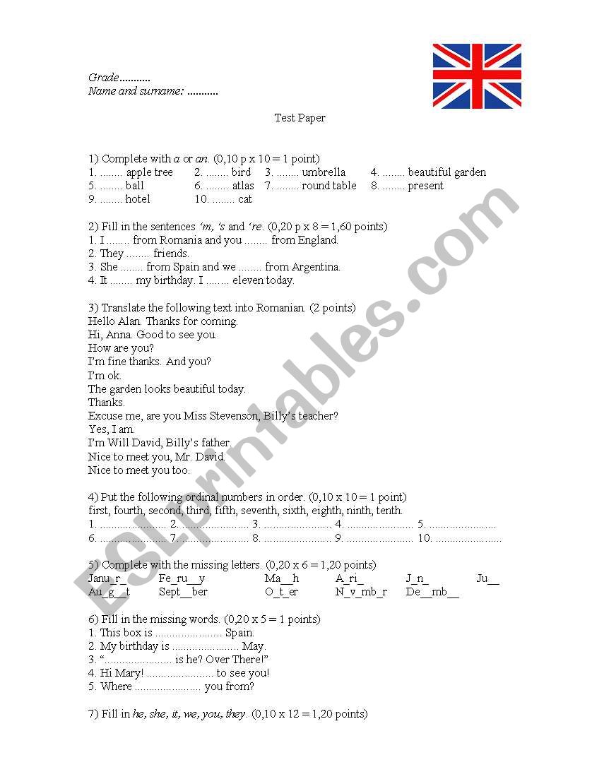 Test paper - 3rd to 5th grade worksheet