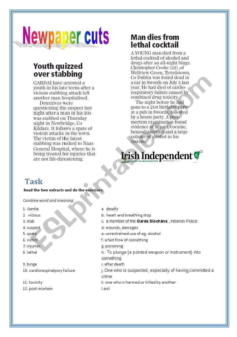 Newspaper cuts - Crime worksheet