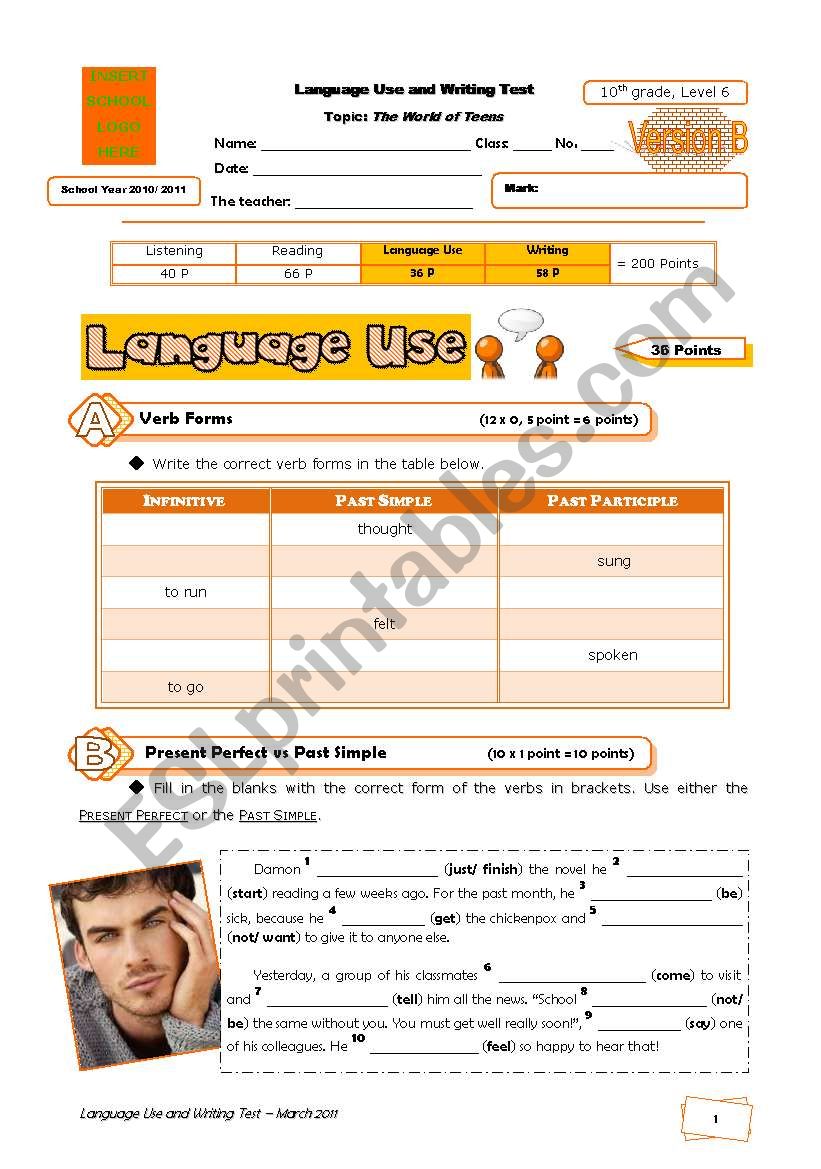 Test (language use and writing) - The World of Teens (version B)+correction