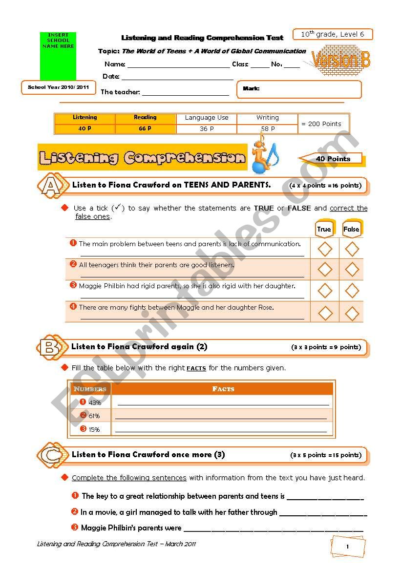 Test (Listening and Reading Comprehension) - The World of Teens + Global Communication (VERSION B)+correction