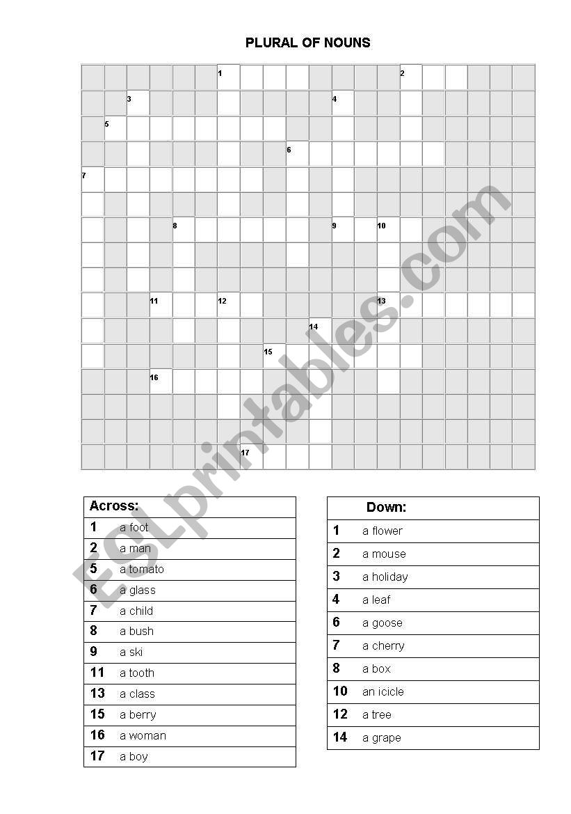 Plural of nouns crossword worksheet