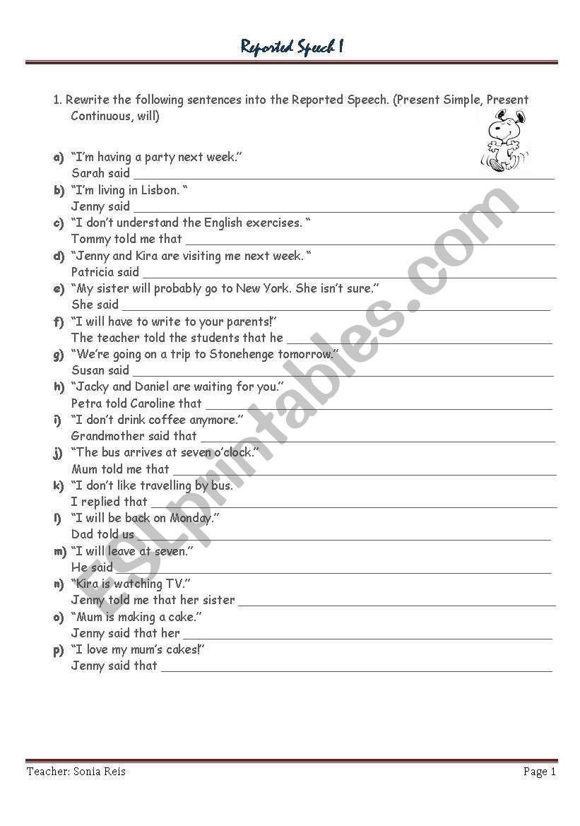 reported speech simple past exercises pdf