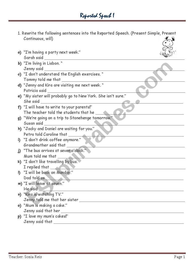 reported speech exercises worksheet