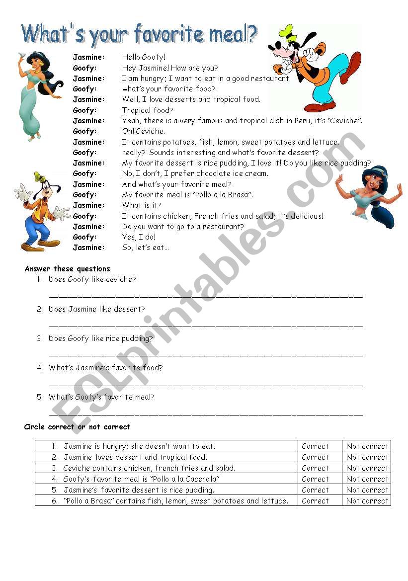 food conversation reading worksheet