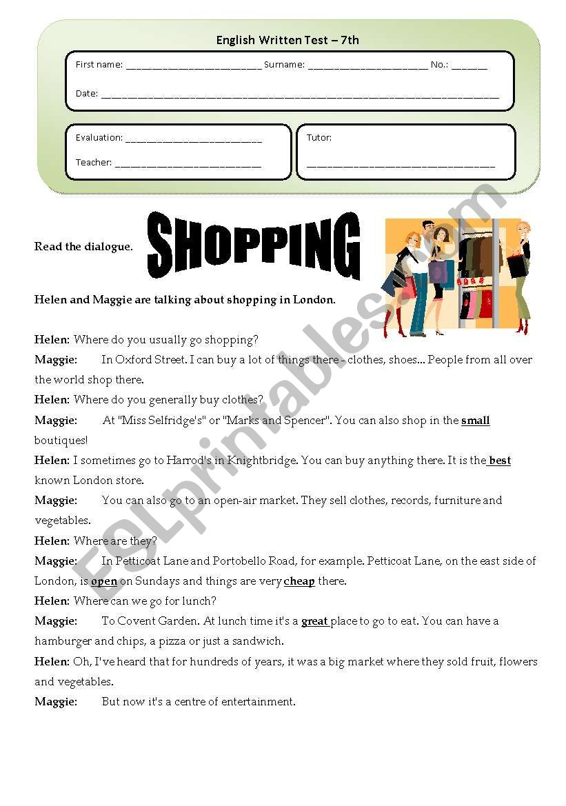 Shopping (part I - reading comprehension)