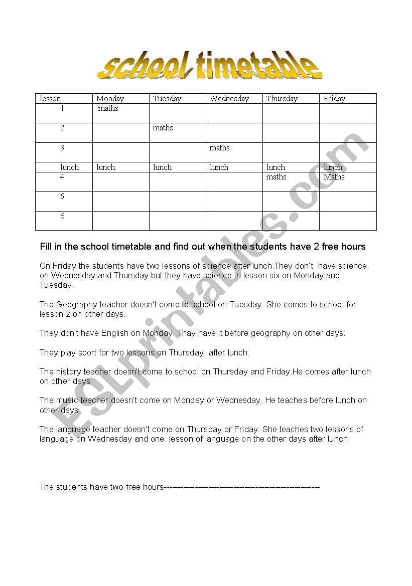  school timetable riddle worksheet