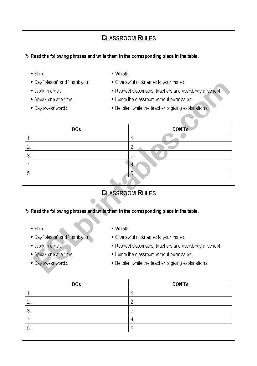 Classroom rules worksheet