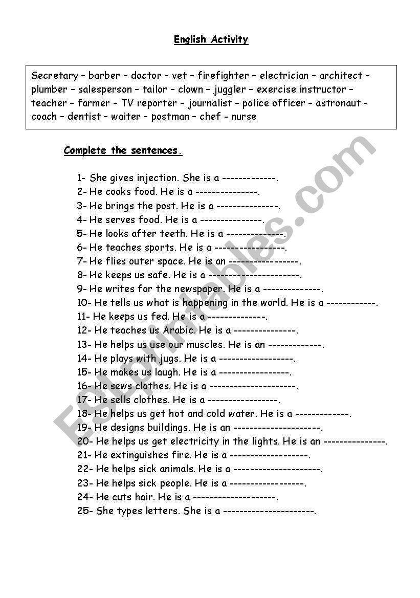 occupations worksheet